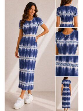Anthropologie SP Blue Tie Dye Knit Midi Maxi Dress Petite Women Bodycon